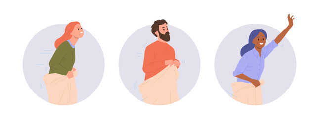 Happy adult people cartoon characters jumping in sack participating in race competition set