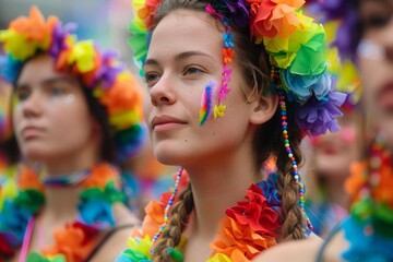 A vibrant LGBTQ festival with diverse attendees, rainbow decorations, high energy, pop art style,...