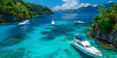 Aerial drone footage of tropical paradise bay with limestone trees and yachts. Concept Drone Footage, Tropical Paradise, Limestone Trees, Yachts, Aerial View