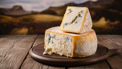 fresh homemade french Roquefort cheese on wooden surface, farm field in background, organic production, cottagecore, commercial product photography