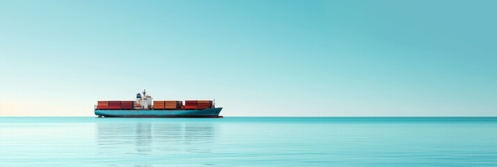 A serene image capturing a lone cargo ship with stacked containers against a vast blue ocean and sky backdrop
