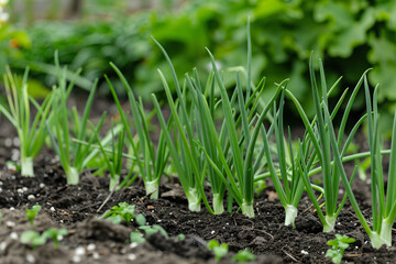 close up of fresh green onion growing in the garden