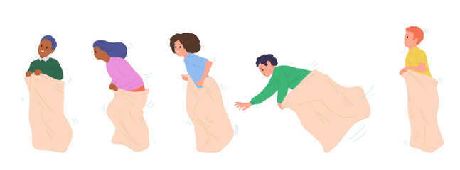 Happy joyful kids cartoon characters enjoying sack race jumping in bags isolated set on white