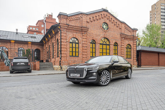 Moscow. Russia, May 2024:  premium luxury car. Black business sedan Hongqi H9   parked in city streets