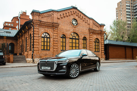 Moscow. Russia, May 2024:  premium luxury car. Black business sedan Hongqi H9   parked in city streets