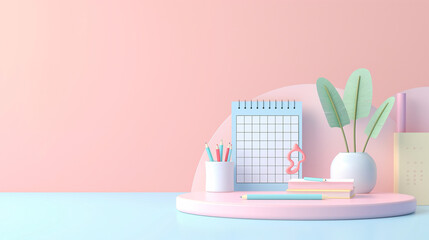 3d rendering concept colorful themes of back to school . educational background with copy space surround by kids merchandise catalog, calendar , pens, erasers, books , childlike, desk,  School supplie