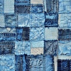 Exclusive denim patchwork design on textured background with crochet applications, studs, leather