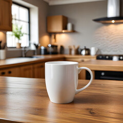 Mug mockup. Mug with a blank surface. Mock image of a mug and a kitchen background
