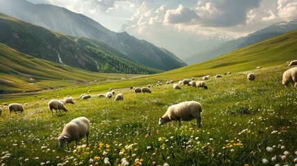 Fototapeta premium Majestic Herd Gracefully Grazing on Vibrant Pasture