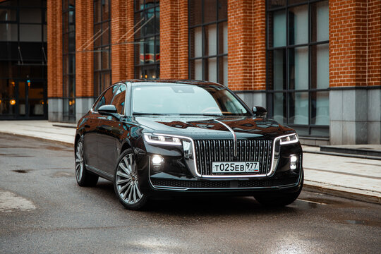 Moscow. Russia, May 2024:  premium luxury car. Black business sedan Hongqi H9   parked in city streets