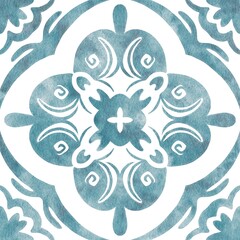 Hand painted watercolor blue faience floral arabesques azulejo tile allover seamless pattern