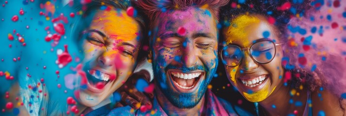 Obraz premium Three joyful friends covered with vibrant colored powders are celebrating a festival, showing unity and excitement