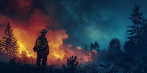 A firefighter standing before a raging nighttime wildfire, a picture of courage and challenge