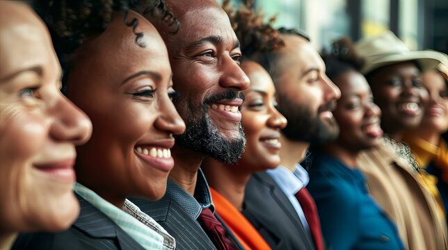 A close-up profile shot of a diverse group of smiling individuals standing in a line. The image captures a sense of unity, happiness, and inclusivity - Powered by Adobe