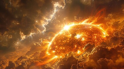Astronomy Background, Sun in space with intense solar activity including flares and coronal mass ejections showcasing the dynamic processes of our star. Illustration image,