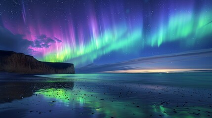 Astronomy Background, Aurora australis with shades of green and purple lighting up the sky over the southern ocean offering a stunning view of this natural phenomenon. Illustration image,