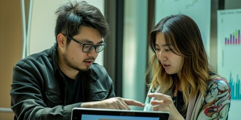 A focused man and woman in a professional setting collaborating and discussing over a digital tablet, with graphs in the background