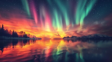 Astronomy Background, Aurora borealis lighting up a snowy landscape at night, with the shimmering lights reflected in a calm lake, creating a magical and serene setting. Illustration image,