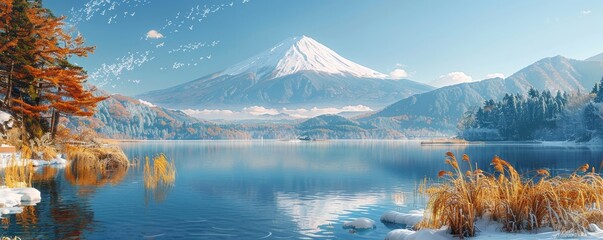 On a clear day, Mount Fuji overlooks Lake Kawaguchi with snow drifts, offering a panoramic view