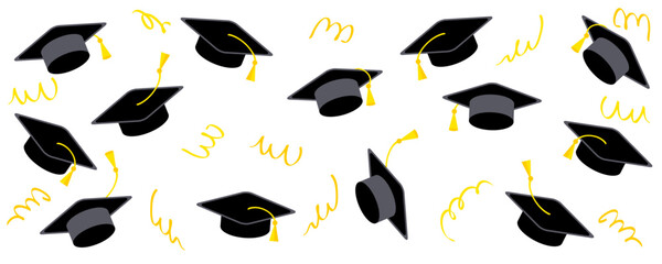 Class of graduation horizontal banner template. Congratulations graduates celebration design for college, high school, university. Hand drawn vector illustration.