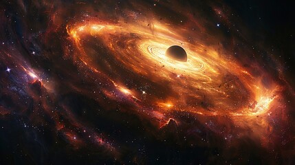 Astronomy Background, Black hole surrounded by a glowing accretion disk, with stars being pulled into its gravitational field, creating a dramatic space scene. Illustration image,