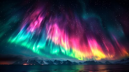 Astronomy Background, Northern lights creating a colorful curtain in the sky with vibrant green, pink, and purple hues illuminating the night, perfect for nature-themed content. Illustration image,