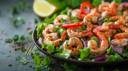 Freshly shrimp louie salad with vibrant greens tomatoes onions peppers