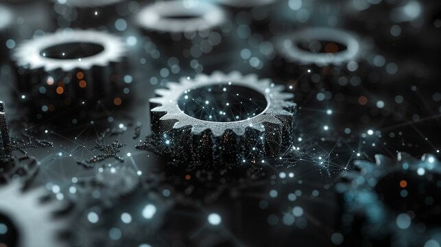 Conceptual representation teamwork technology communication double exposure group metal gears glowing network connections