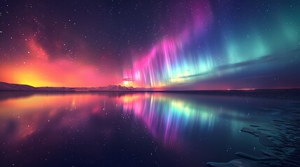 Astronomy Background, Northern lights reflecting in a calm lake with vibrant colors creating a mirror image on the water, ideal for nature and science backgrounds. Illustration image,