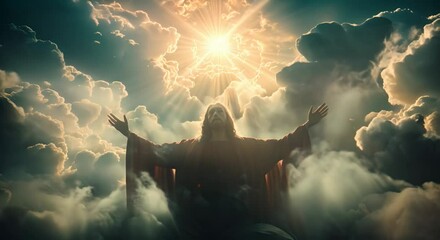 Jesus Christ with outstretched arms in the clouds emanating glowing light