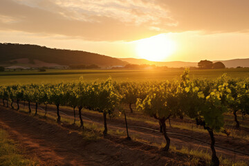 Fototapeta premium Golden Sunset Over Lush Vineyard Landscape