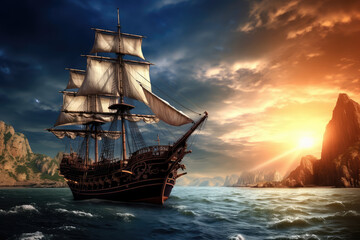 Obraz premium Majestic Sailing Ship Riding the Sunset Seascape