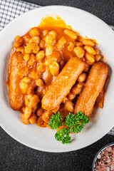 bean sausage meat tomato sauce fresh meal food snack on the table copy space food background rustic top view