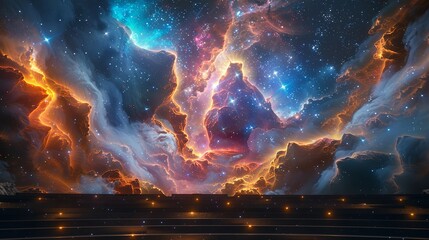 Astronomy Background, Stage with cosmic visuals of galaxies and nebulae offering a visually striking and inspiring environment for events or performances. Illustration image,