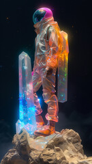 Futuristic Fashionable Astronaut in a Spacesuit. Sci-fi glowing illustration of space suit wearing male figure in neon retro-futuristic style. Suitable for posters, banners or conceptual projects.