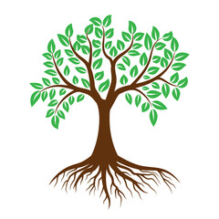 Abstract tree with roots and colorful leaves logo. Isolated on white background. Vector illustration.