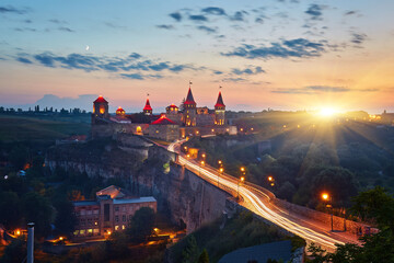 Dramatic view on the castle in Kamianets-Podilskyi in spring.
