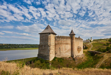 Fototapeta na wymiar Khotyn fortess, castle in Ukraine. One of seven wonders of Ukraine. Exterior view of Khotyn Fortress, fortification complex on Dniester