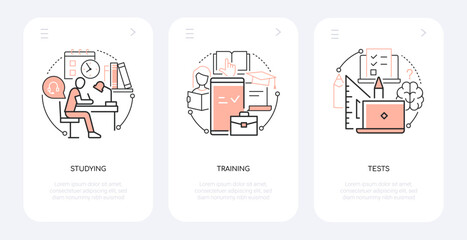 Studying and training - line design style banners set with place for text. Study at home, books and homework, learning and education, test, computer, brain and stationery. School and university idea