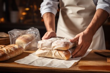 Man wraps fresh bread in parchment paper in the kitchen