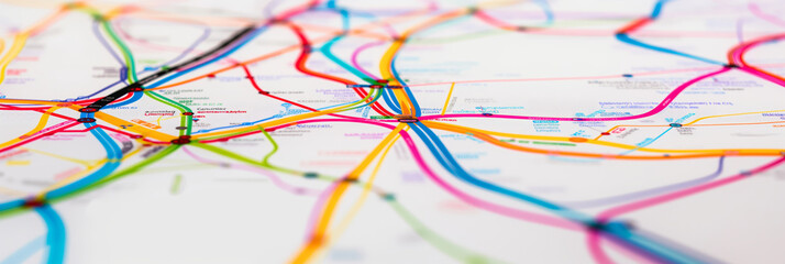 Fototapeta premium Selective focus image of a colorful and intricate subway system map with station names