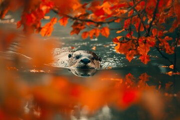 A close-up portrait of an otter swimming in a river, looking towards the camera. Horizontal. Space for copy.