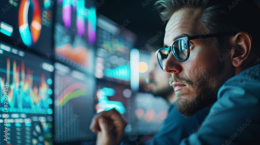 Poster a man wearing glasses is focused on analyzing data on a computer screen