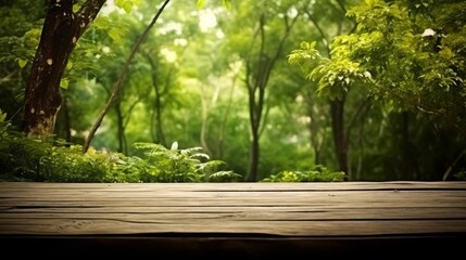 Wood platform amidst trees, natures simplicity, selective focus, theme of balance, vibrant, Fusion, backdrop of green foliage