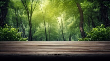 Wood platform amidst trees, natures simplicity, selective focus, theme of balance, vibrant, Fusion, backdrop of green foliage