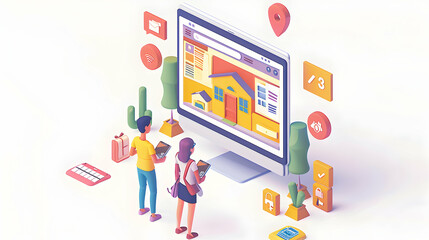 A couple reviewing home listings symbolizing the search and excitement of finding the perfect home for sale in cartoon style   3D flat icon concept