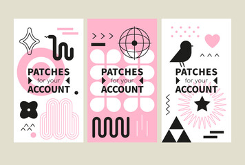 Minimalistic patches for your account- set of vector template illustrations on white and pink background with place for info. Three vertical posters of high quality for business. Silhouettes and icons