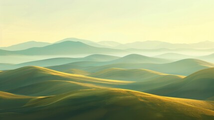 Soft morning light illuminates a vast landscape of rolling hills, creating a serene and tranquil atmosphere with gentle gradients.