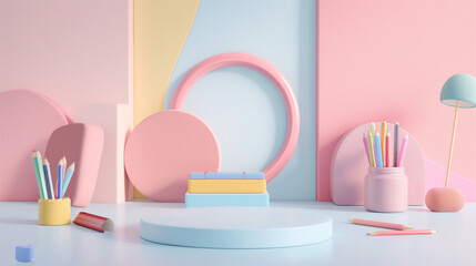 3d rendering concept colorful themes of back to school . educational background with copy space surround by kids merchandise catalog, calendar , pens, erasers, books , childlike, desk,  School supply