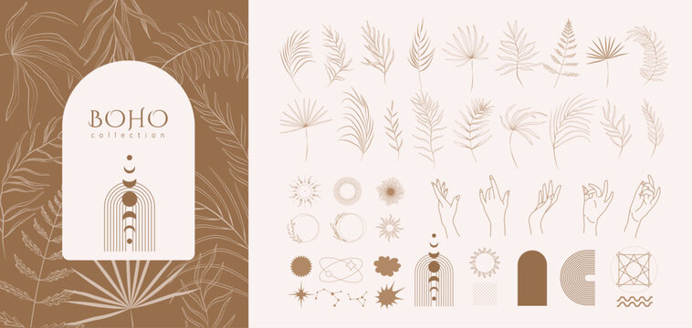 Set of geometric boho design elements icons and symbols. Simple shapes forms and frames inspired retro cosmic style